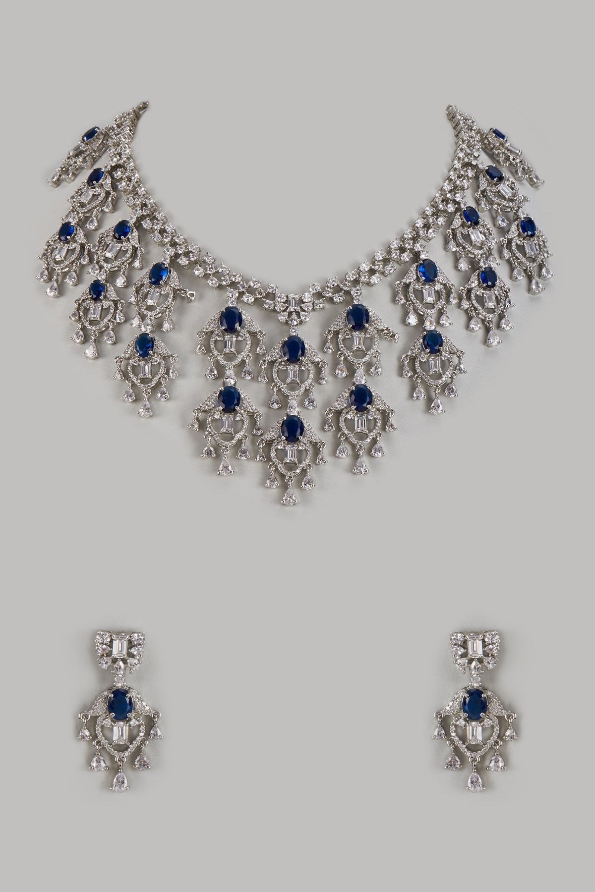 White Finish Zircon & Blue Stone Long Necklace Set