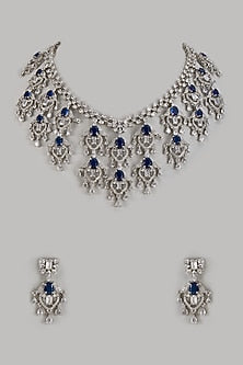 White Finish Zircon & Blue Stone Long Necklace Set