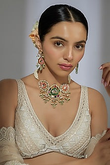 Gold Finish Multi-Colored Stone & Kundan Polki Meenakari Choker Necklace Set