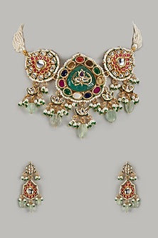 Gold Finish Multi-Colored Stone & Kundan Polki Meenakari Choker Necklace Set