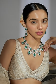 White Finish Zircon & Aqua Stone Long Necklace Set