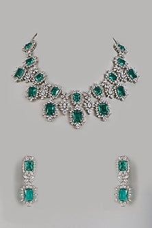 White Finish Zircon & Aqua Stone Long Necklace Set