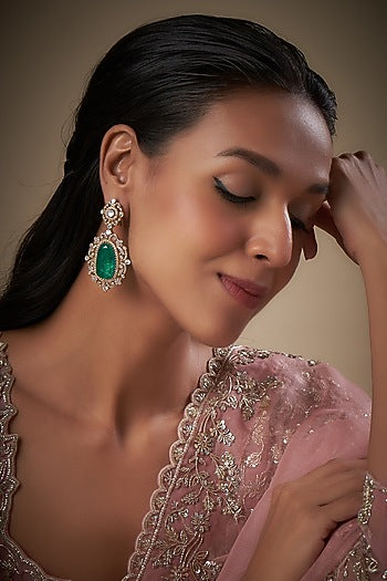 Gold Finish Zircon & Emerald Stone Dangler Earrings