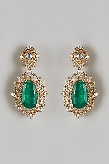 Gold Finish Zircon & Emerald Stone Dangler Earrings