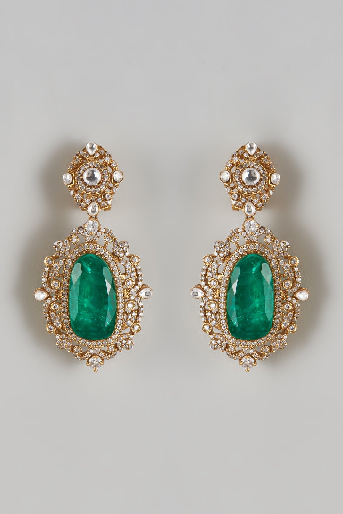 Gold Finish Zircon & Emerald Stone Dangler Earrings