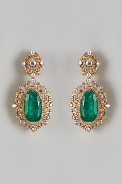 Gold Finish Zircon & Emerald Stone Dangler Earrings