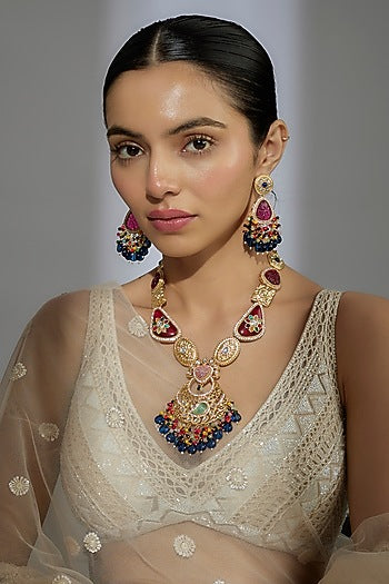 Gold Finish Kundan Polki & Stone Long Necklace Set