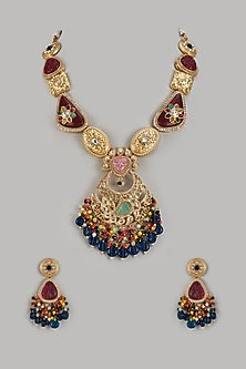 Gold Finish Kundan Polki & Stone Long Necklace Set