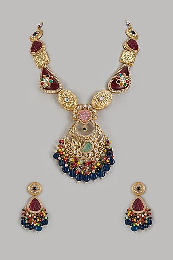 Gold Finish Kundan Polki & Stone Long Necklace Set