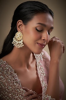 Gold Finish Kundan Polki & Pearl Dangler Earrings