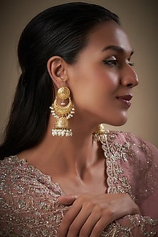 Gold Finish Kundan Polki & Pearl Dangler Earrings