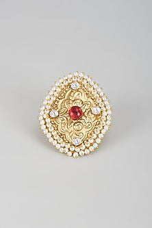 Gold Finish Kundan Polki & Pearl Ring