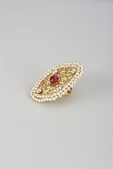 Gold Finish Kundan Polki & Pearl Ring