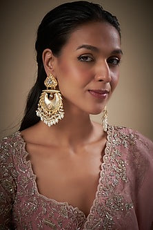 Gold Finish Kundan Polki & Beaded Dangler Earrings