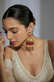 Gold Finish Kundan Polki & Ruby Stone Dangler Earrings