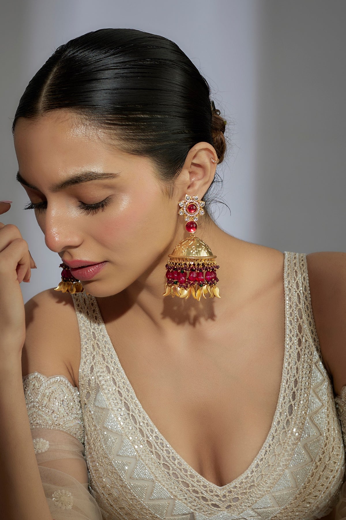 Gold Finish Kundan Polki & Ruby Stone Dangler Earrings