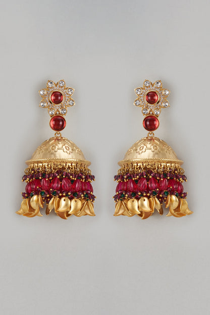 Gold Finish Kundan Polki & Ruby Stone Dangler Earrings