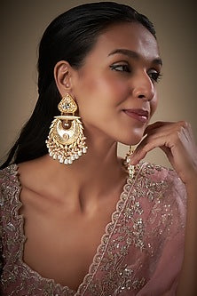 Gold Finish Kundan Polki & Pink Stone Dangler Earrings