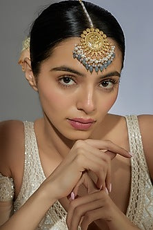Gold Finish Kundan Polki & Light Blue Beaded Dangler Earrings