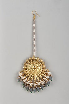 Gold Finish Kundan Polki & Light Blue Beaded Dangler Earrings