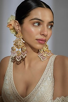 Gold Finish Kundan Polki & Pink Beaded Dangler Earrings