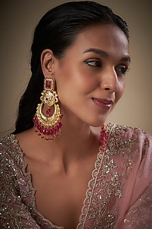 Gold Finish Kundan Polki & Red Stone Dangler Earrings
