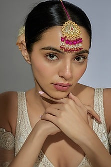 Gold Finish Kundan Polki & Pink Beaded Maangtikka