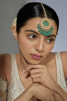 Gold Finish Kundan Polki & Green Stone Maangtikka