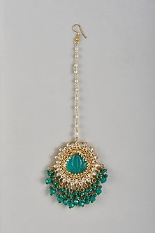 Gold Finish Kundan Polki & Green Stone Maangtikka
