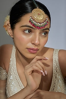 Gold Finish Kundan Polki & Beaded Maangtikka