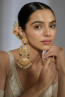 Gold Finish Kundan Polki & Pearl Dangler Earrings