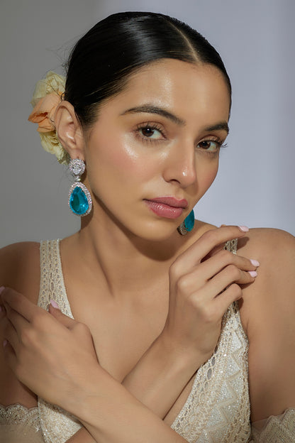 White Finish Aqua Zircon Dangler Earrings