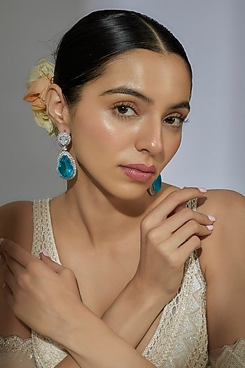 White Finish Aqua Zircon Dangler Earrings