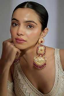 Gold Finish Kundan Polki & Red Stone Dangler Earrings