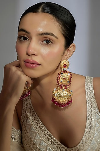 Gold Finish Kundan Polki & Red Stone Dangler Earrings