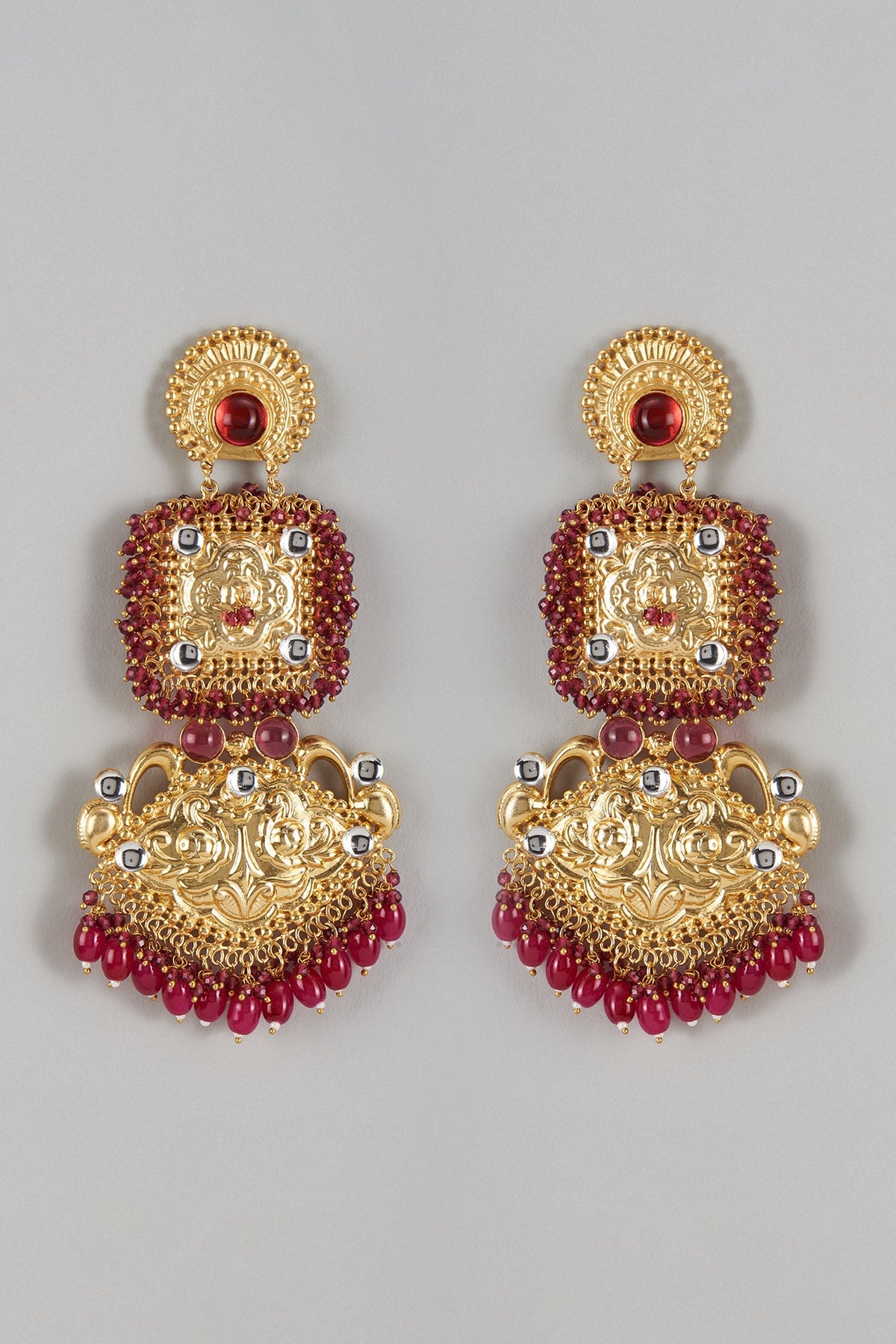 Gold Finish Kundan Polki & Red Stone Dangler Earrings