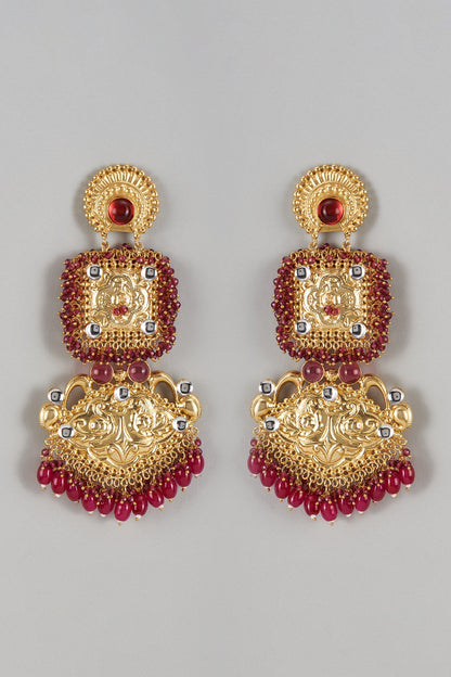Gold Finish Kundan Polki & Red Stone Dangler Earrings