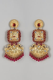Gold Finish Kundan Polki & Red Stone Dangler Earrings