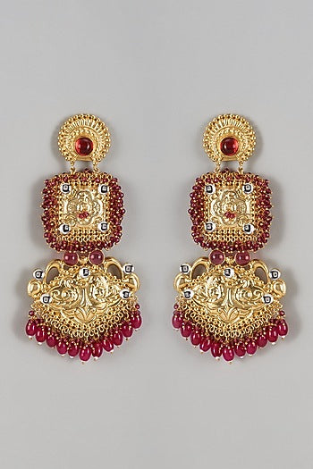 Gold Finish Kundan Polki & Red Stone Dangler Earrings