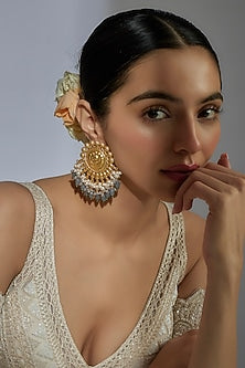 Gold Finish Kundan Polki & Light Blue Beaded Dangler Earrings