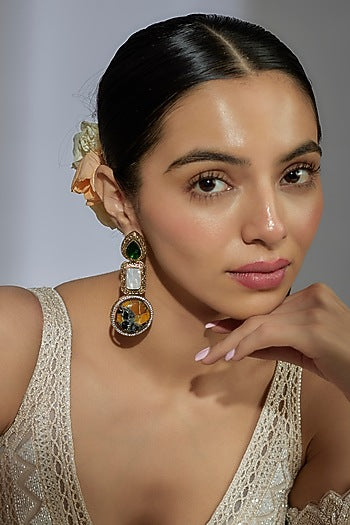 Gold Finish Zircon & Pearl Dangler Earrings