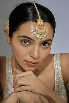 Gold Finish Kundan Polki & Pearl Maangtikka