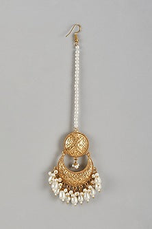 Gold Finish Kundan Polki & Pearl Maangtikka
