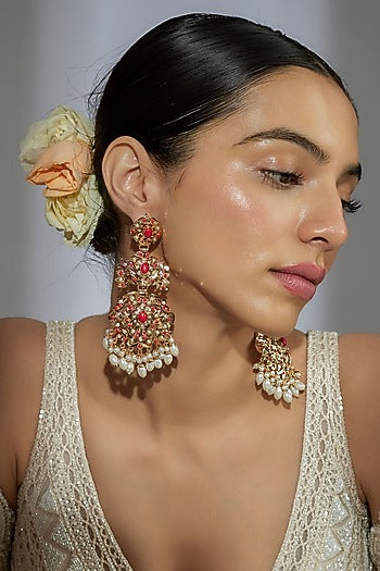 Gold Finish Kundan Polki & Coral Stone Dangler Earrings