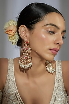Gold Finish Kundan Polki & Coral Stone Dangler Earrings