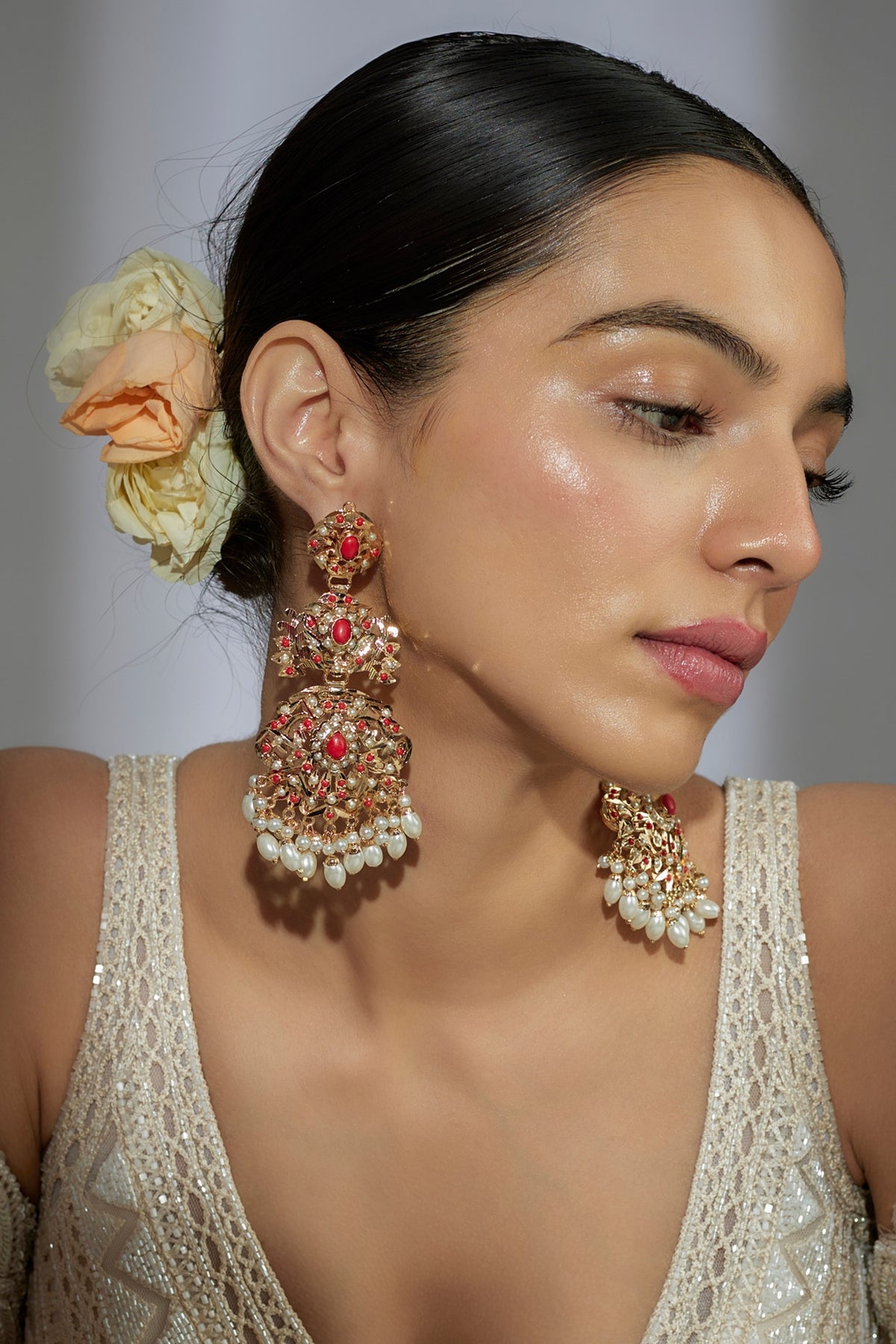 Gold Finish Kundan Polki & Coral Stone Dangler Earrings