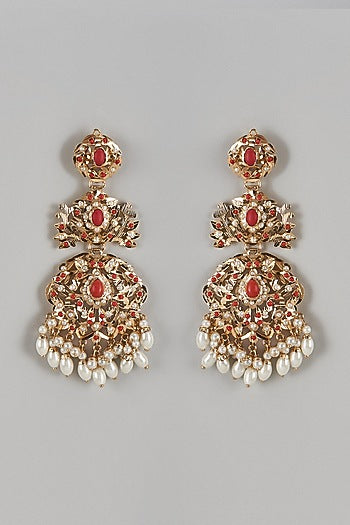 Gold Finish Kundan Polki & Coral Stone Dangler Earrings