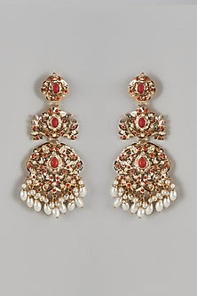 Gold Finish Kundan Polki & Coral Stone Dangler Earrings