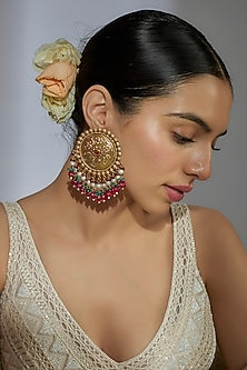 Gold Finish Kundan Polki & Beaded Dangler Earrings