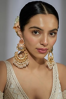 Gold Finish Kundan Polki & Peach Stone Dangler Earrings